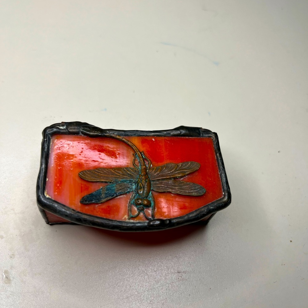 VTG Artesian Handcrafted Orange Opalescent Glass Trinket Box Metal Dragonfly